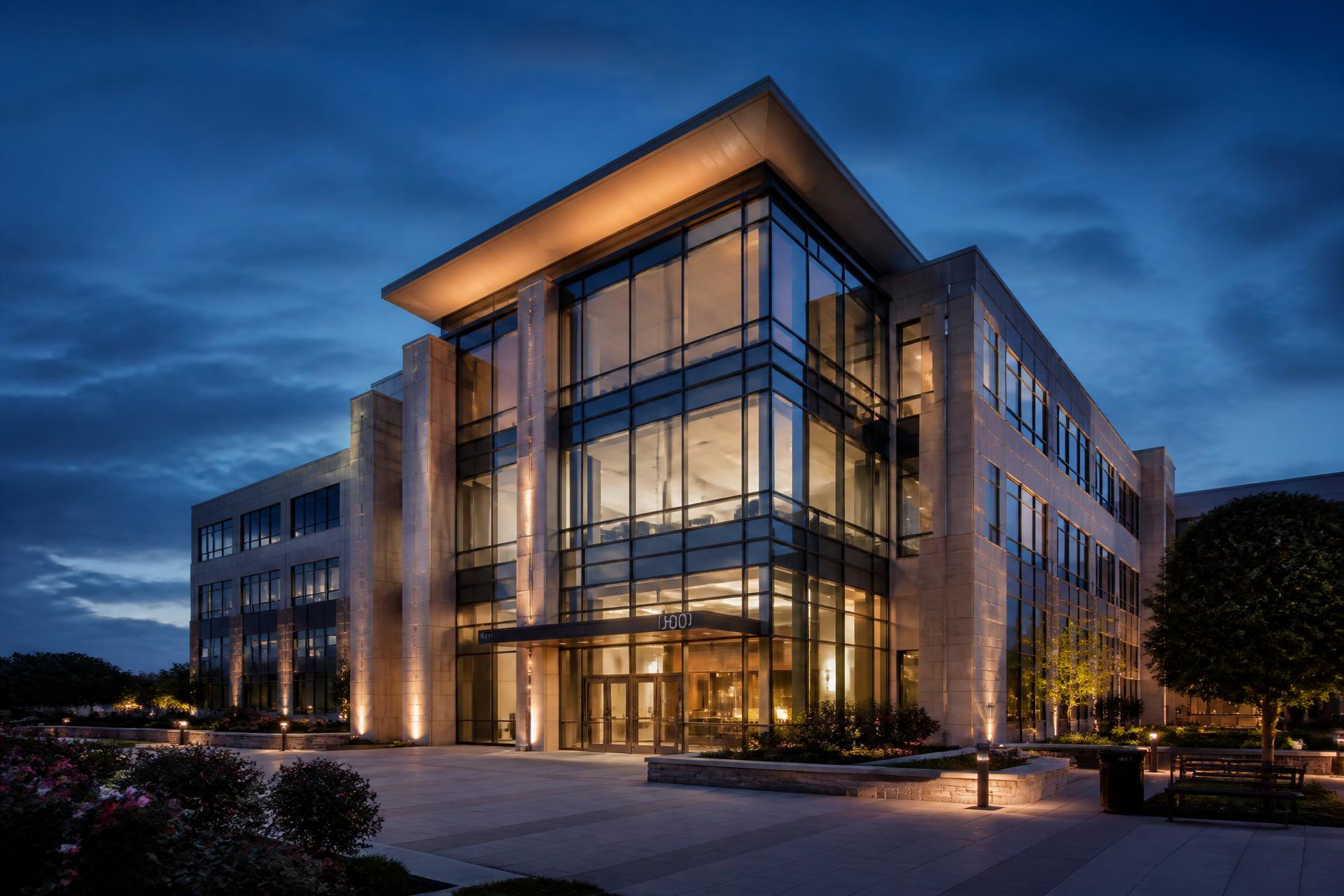 Class A commercial office building in Northern Virginia illuminated at blue hour