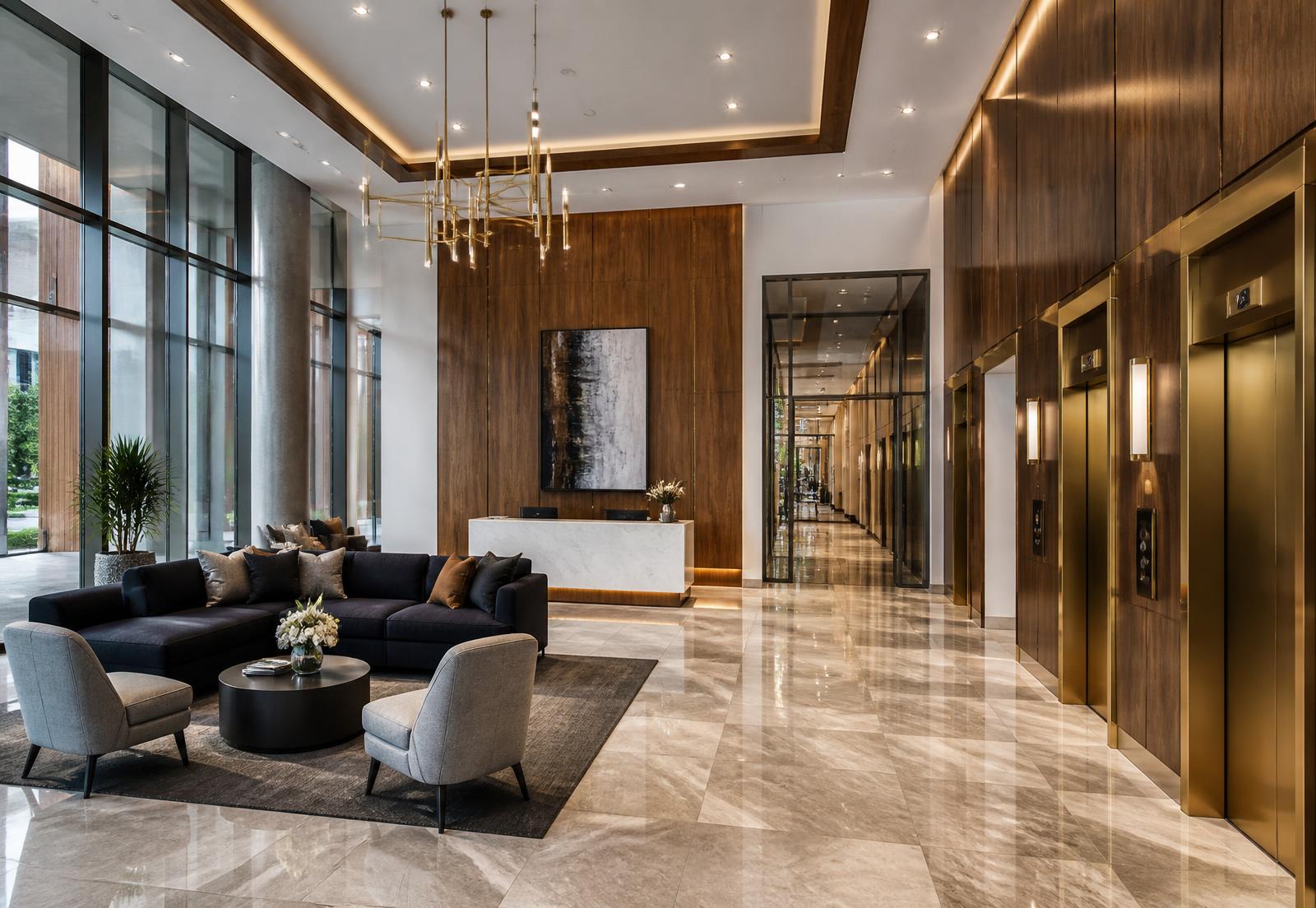 Modern commercial office lobby with stone floors, wood paneling and brass elevator surrounds